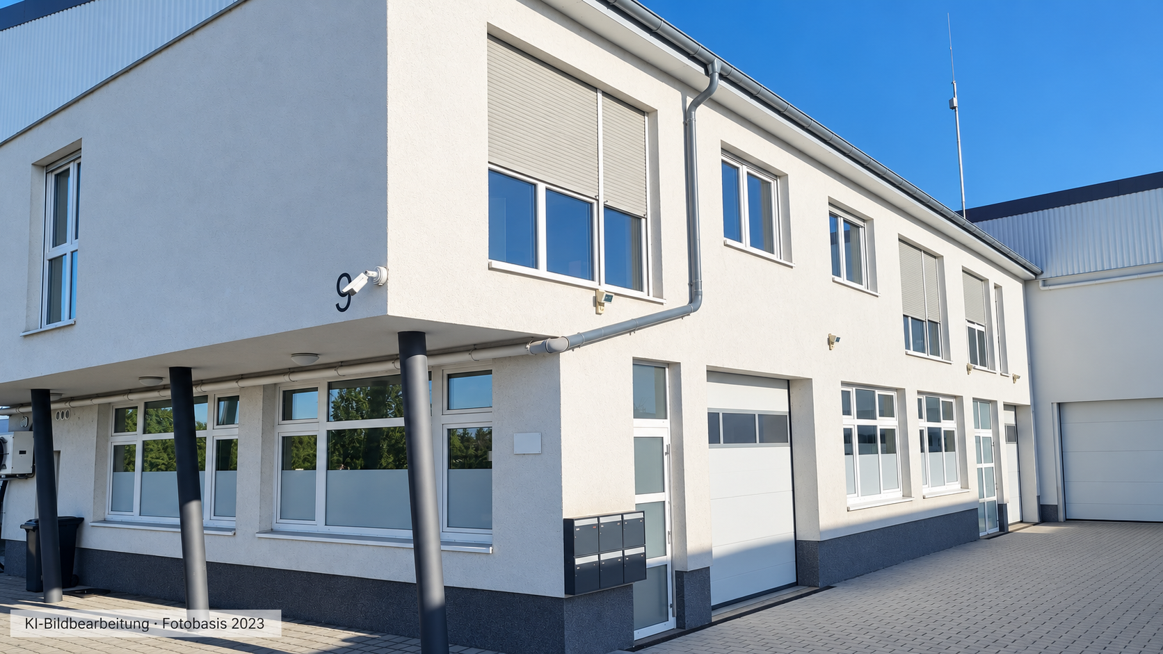 Gebäude mit Zugang, Briefkästen und gepflasterter Hoffläche